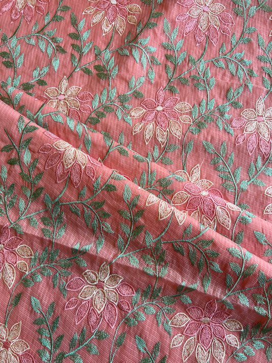 Peach Floral Embroidered Kota Doriya Fabric