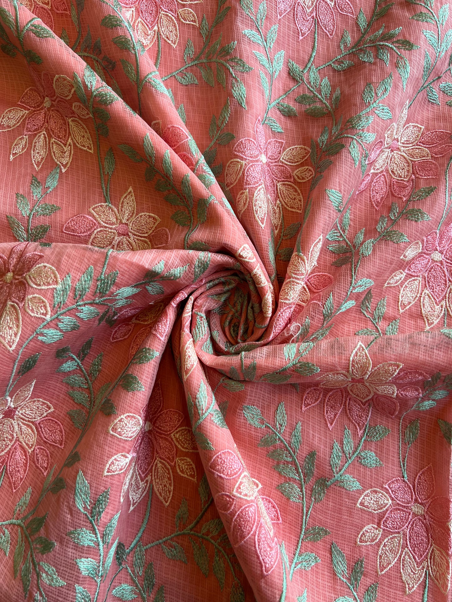 Peach Floral Embroidered Kota Doriya Fabric