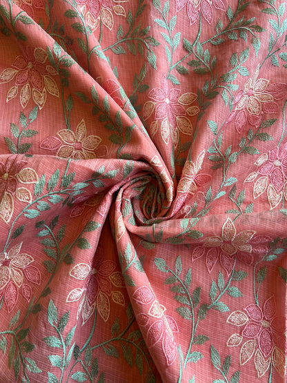 Peach Floral Embroidered Kota Doriya Fabric