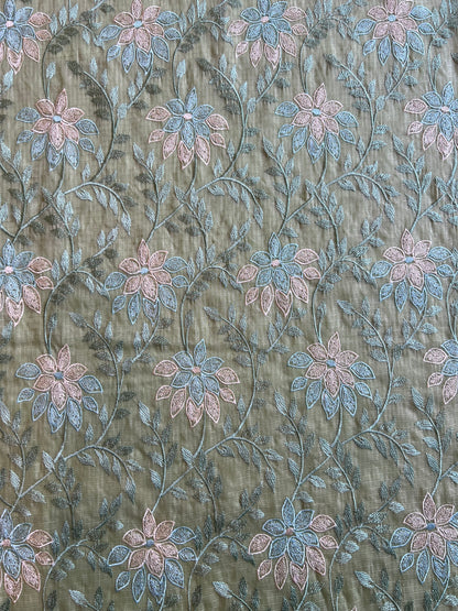 Olive Green Floral Embroidered Kota Doriya Fabric
