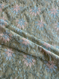 Olive Green Floral Embroidered Kota Doriya Fabric