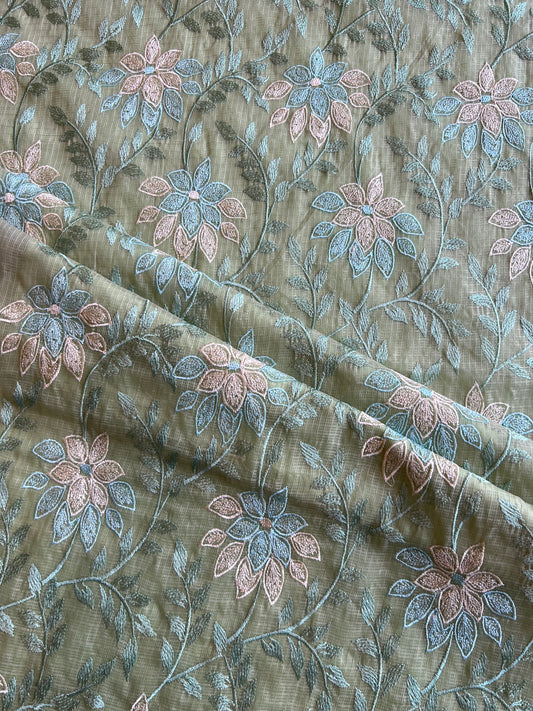 Olive Green Floral Embroidered Kota Doriya Fabric