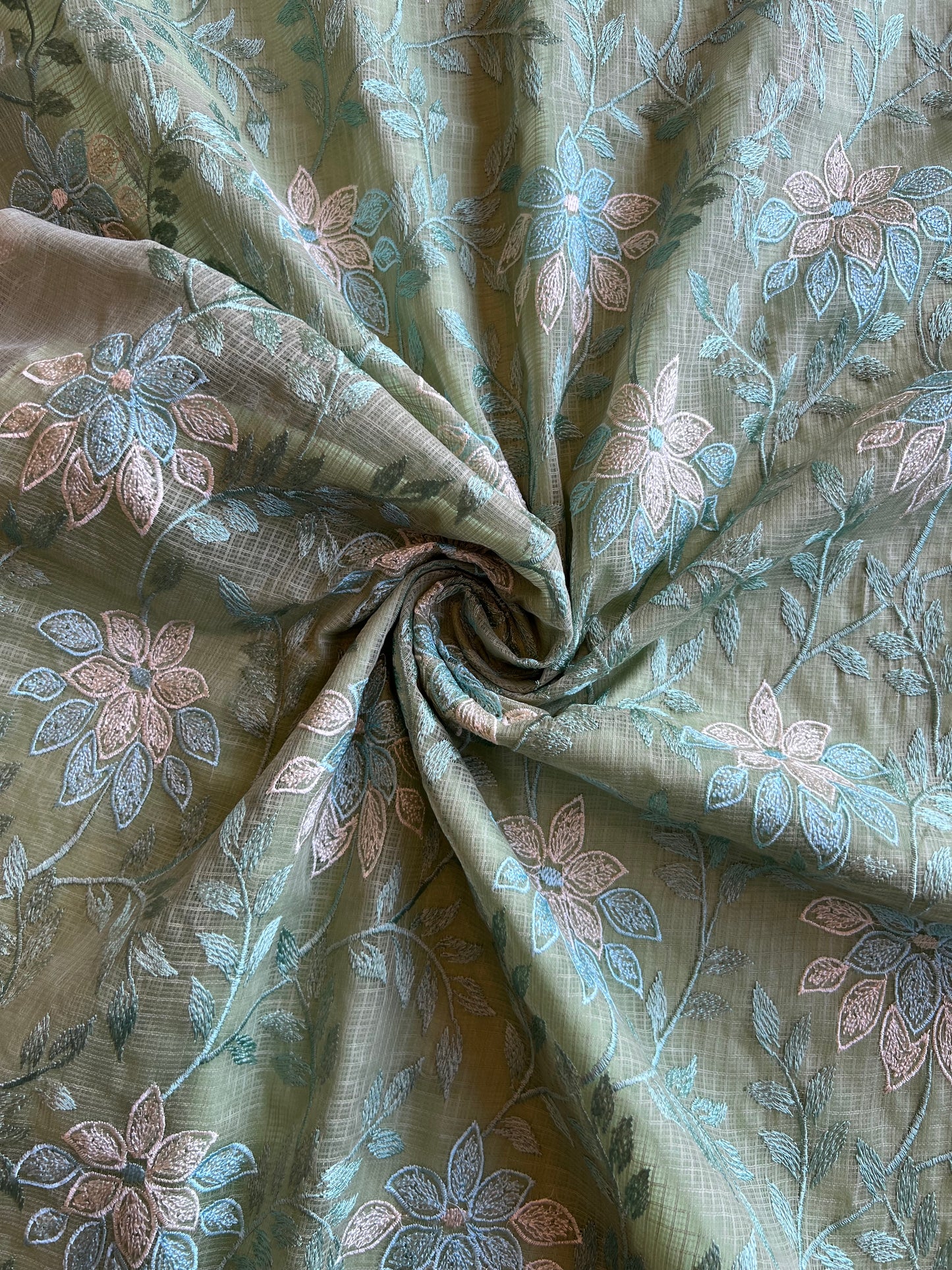 Olive Green Floral Embroidered Kota Doriya Fabric