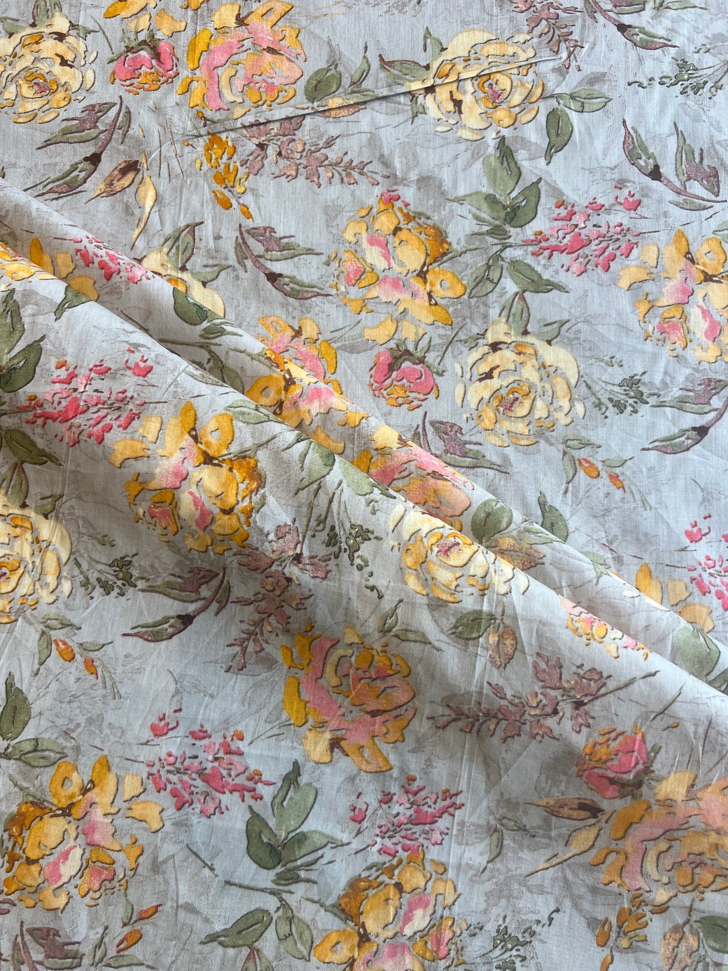 Grey Floral Printed Cotton Fabric