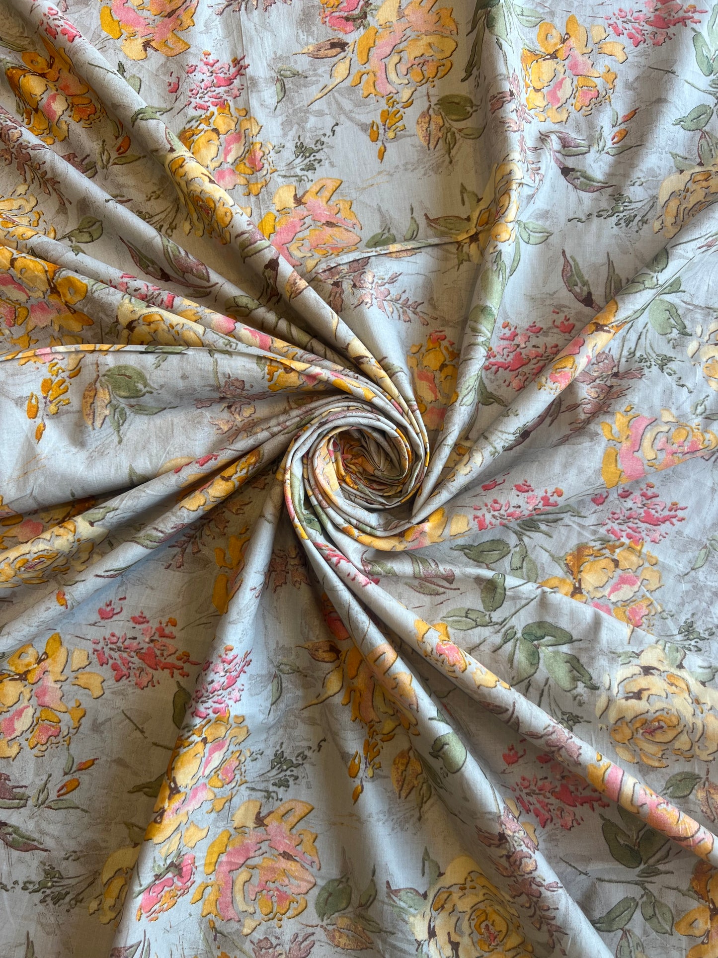 Grey Floral Printed Cotton Fabric