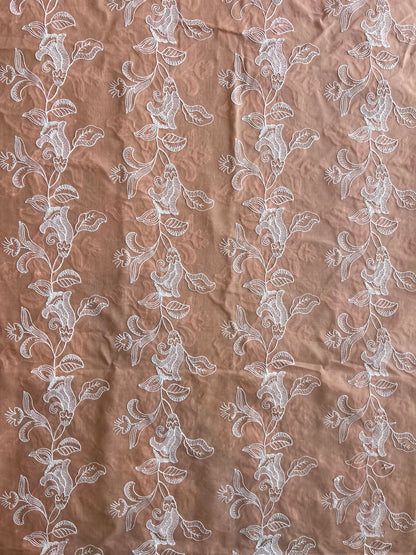 Peach Floral Embroidered Cotton Voile Fabric