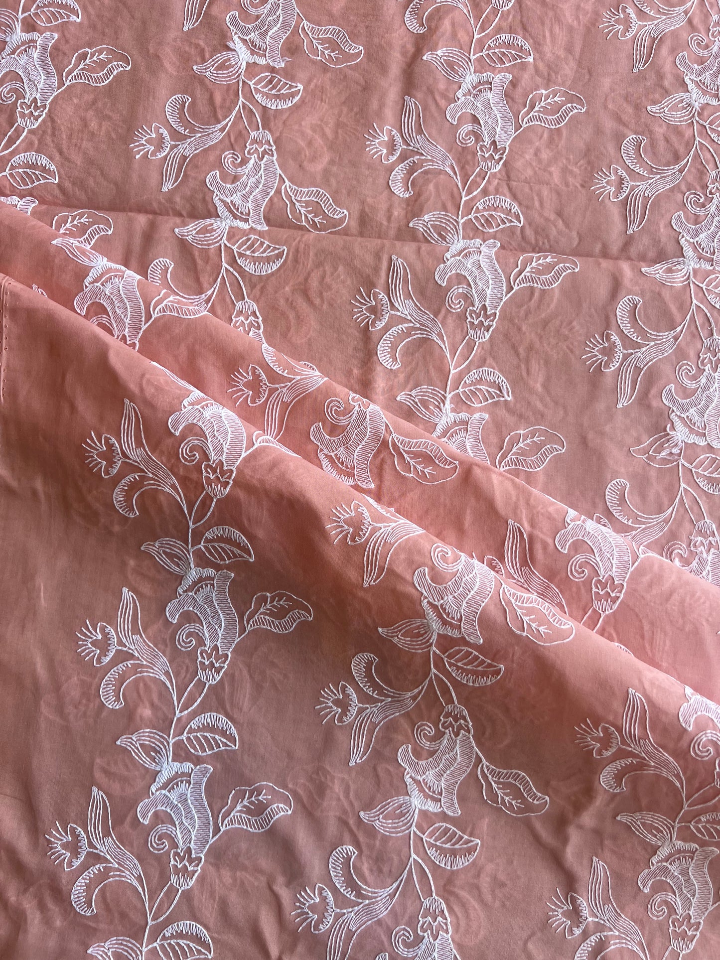 Peach Floral Embroidered Cotton Voile Fabric