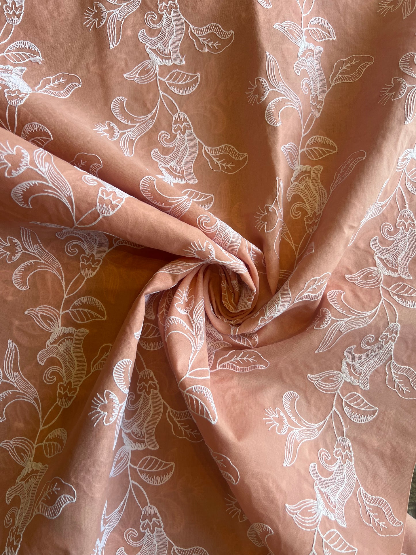 Peach Floral Embroidered Cotton Voile Fabric