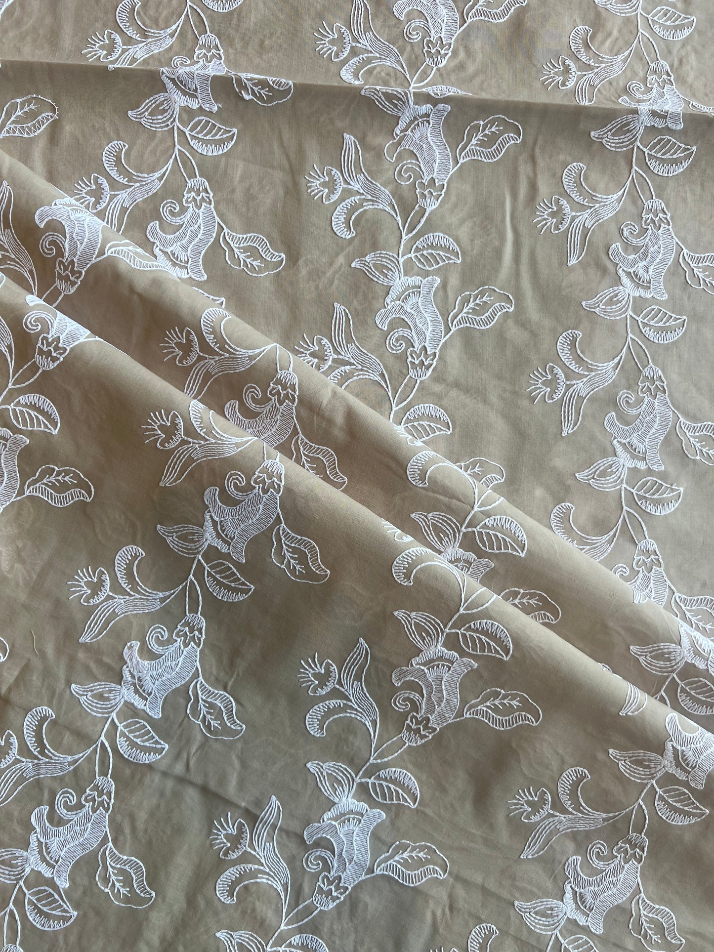 Beige Floral Embroidered Cotton Voile Fabric