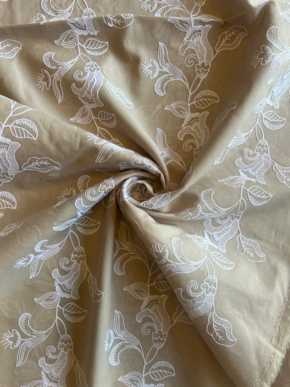 Beige Floral Embroidered Cotton Voile Fabric