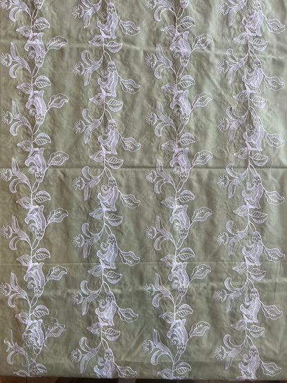 Olive Green Floral Embroidered Cotton Voile Fabric