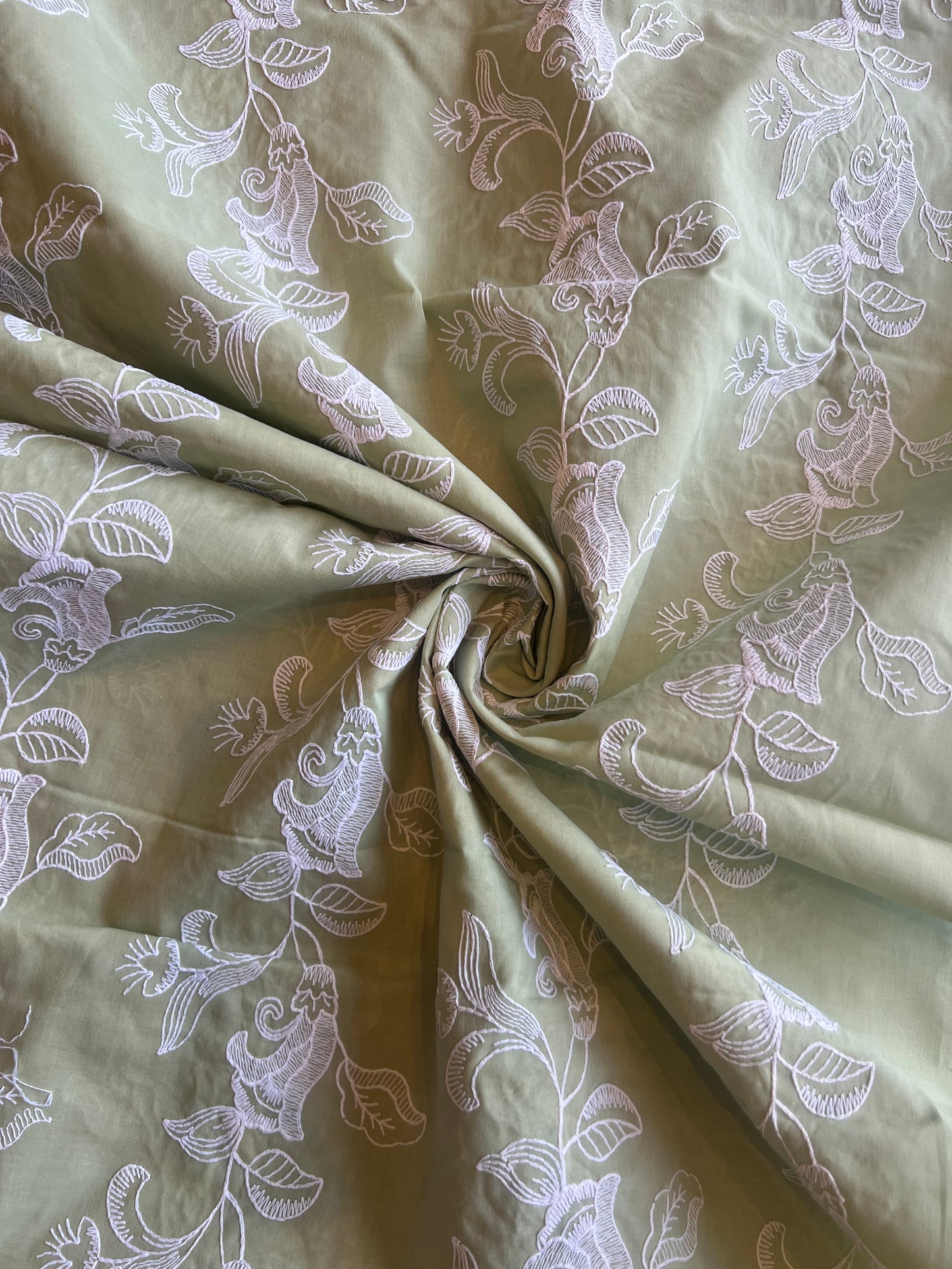 Olive Green Floral Embroidered Cotton Voile Fabric