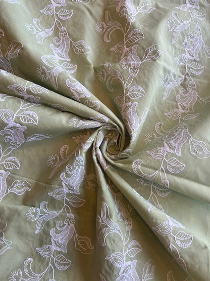 Olive Green Floral Embroidered Cotton Voile Fabric