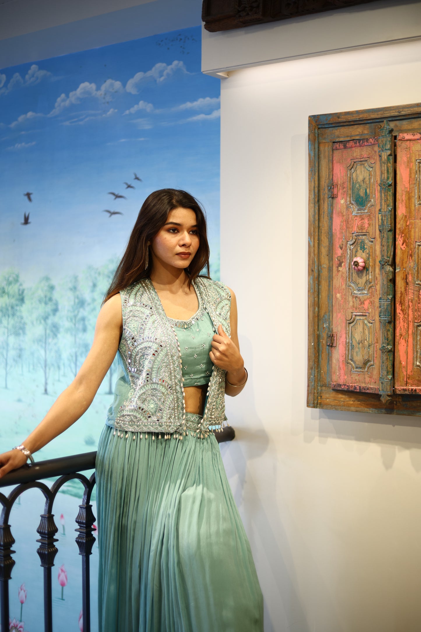 Aqua Blue Skirt with Crop Top and Jacket