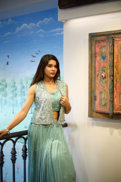 Aqua Blue Skirt with Crop Top and Jacket