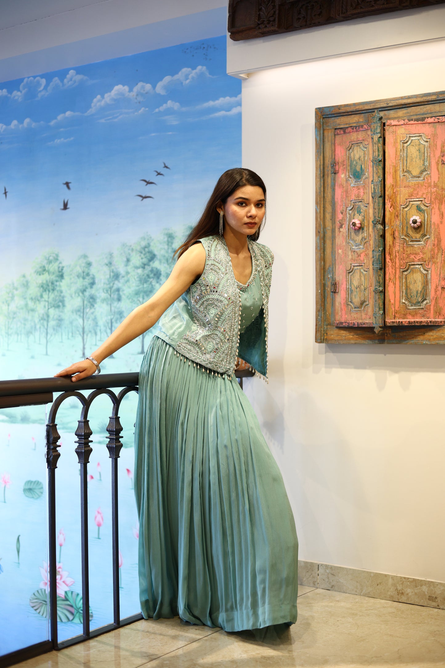 Aqua Blue Skirt with Crop Top and Jacket