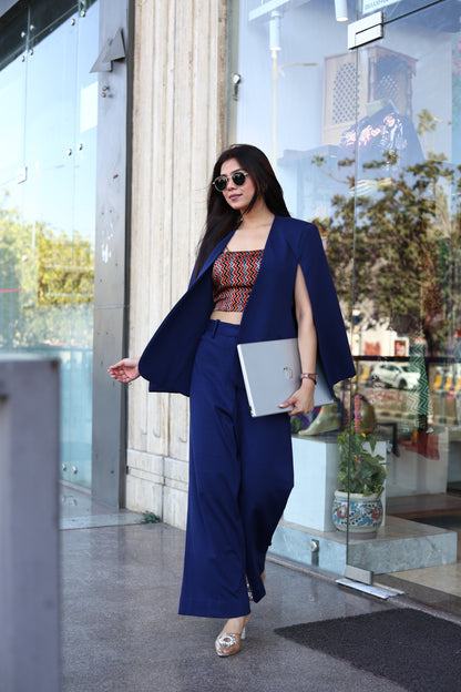 Blue Pant Suit Set with Ajrakh Print Crop Top