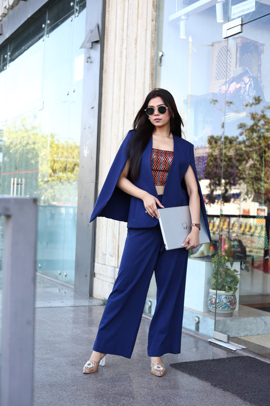 Blue Pant Suit Set with Ajrakh Print Crop Top