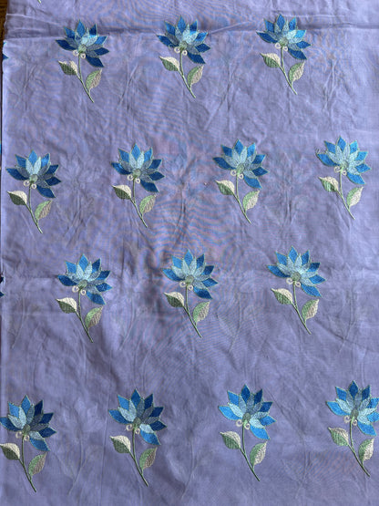 Purple Floral Embroidered Cotton Voile Fabric