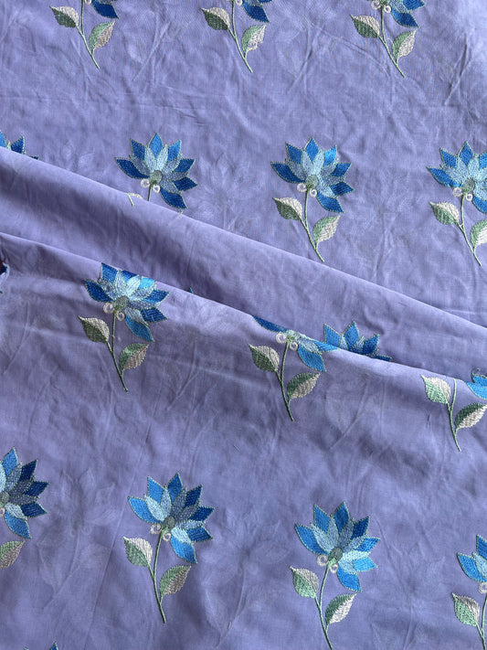Purple Floral Embroidered Cotton Voile Fabric