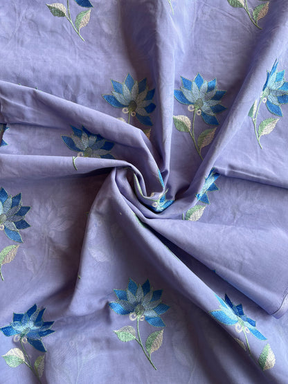 Purple Floral Embroidered Cotton Voile Fabric