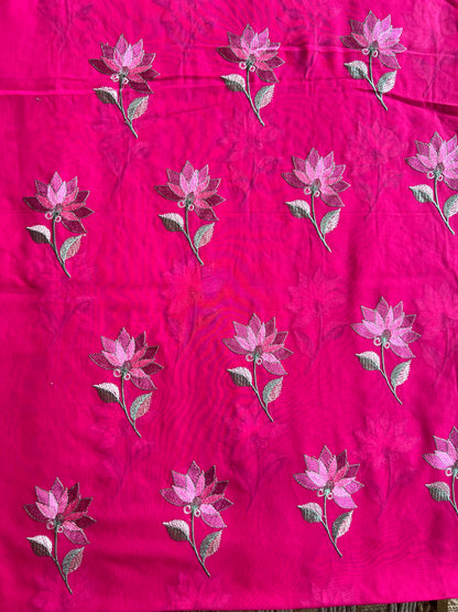 Pink Floral Embroidered Cotton Voile Fabric