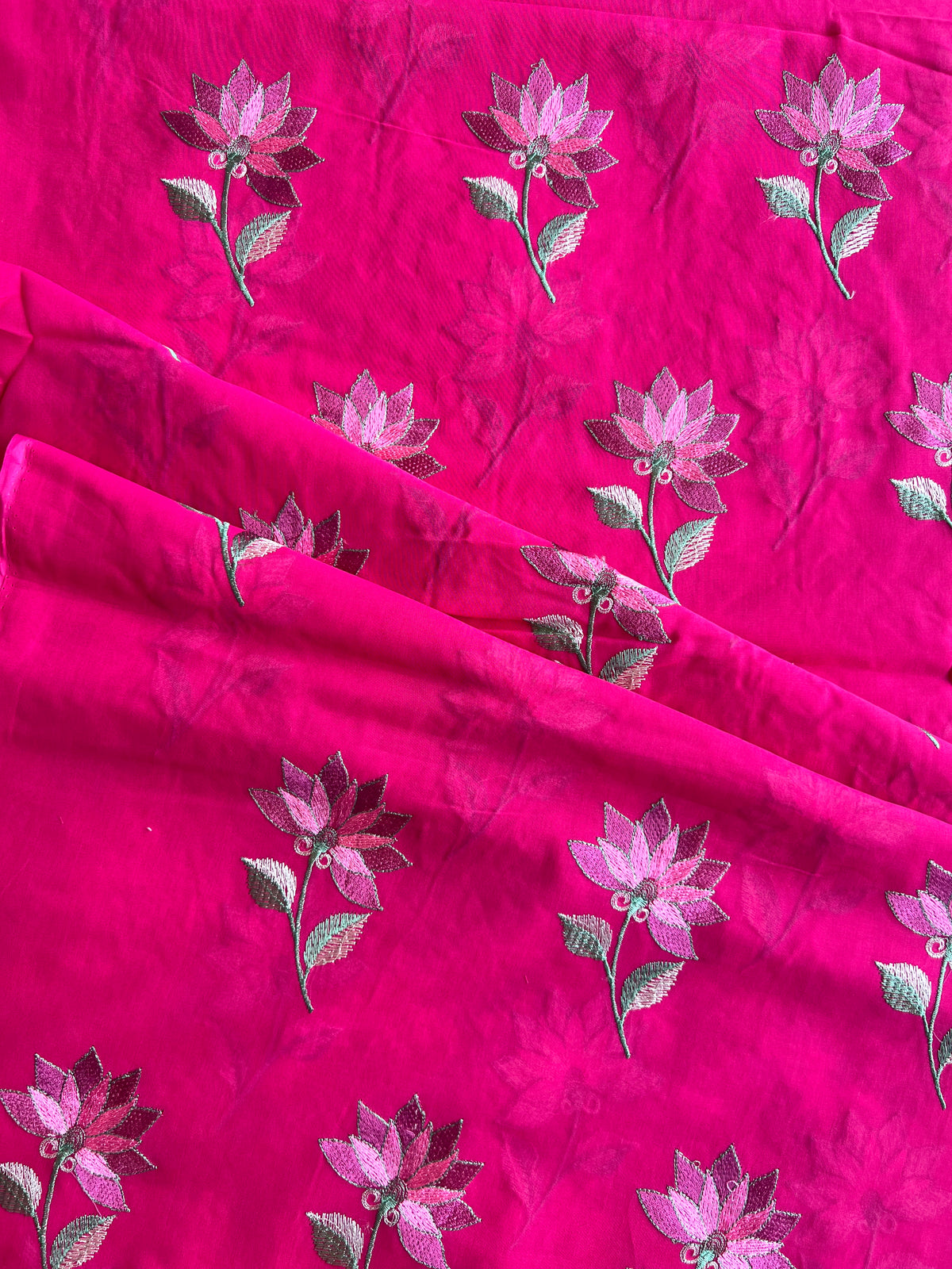 Pink Floral Embroidered Cotton Voile Fabric