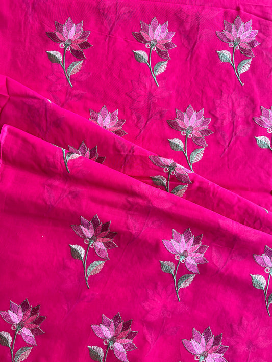 Pink Floral Embroidered Cotton Voile Fabric