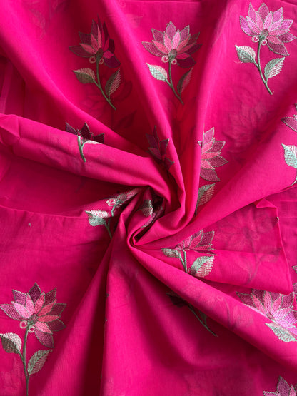 Pink Floral Embroidered Cotton Voile Fabric