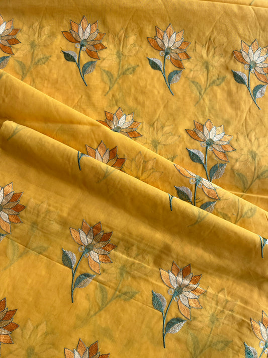 Yellow Floral Embroidered Cotton Voile Fabric