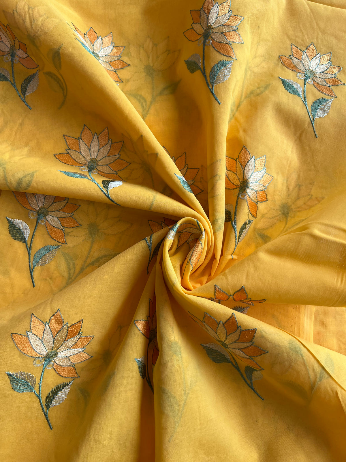 Yellow Floral Embroidered Cotton Voile Fabric
