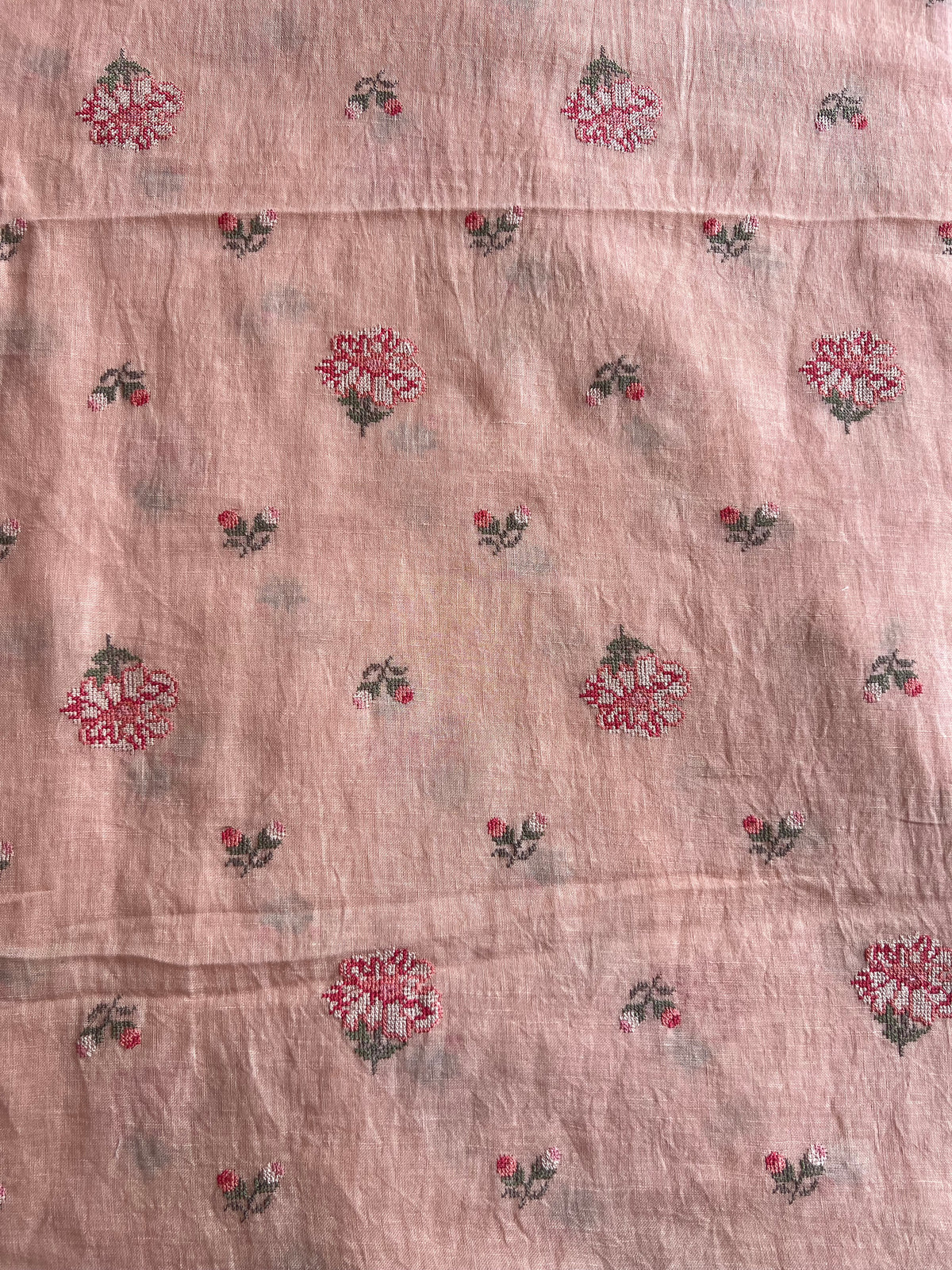 Peach Cross Stitch Embroidered Pure Linen Fabric