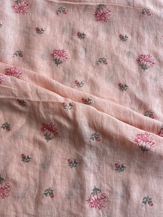 Peach Cross Stitch Embroidered Pure Linen Fabric