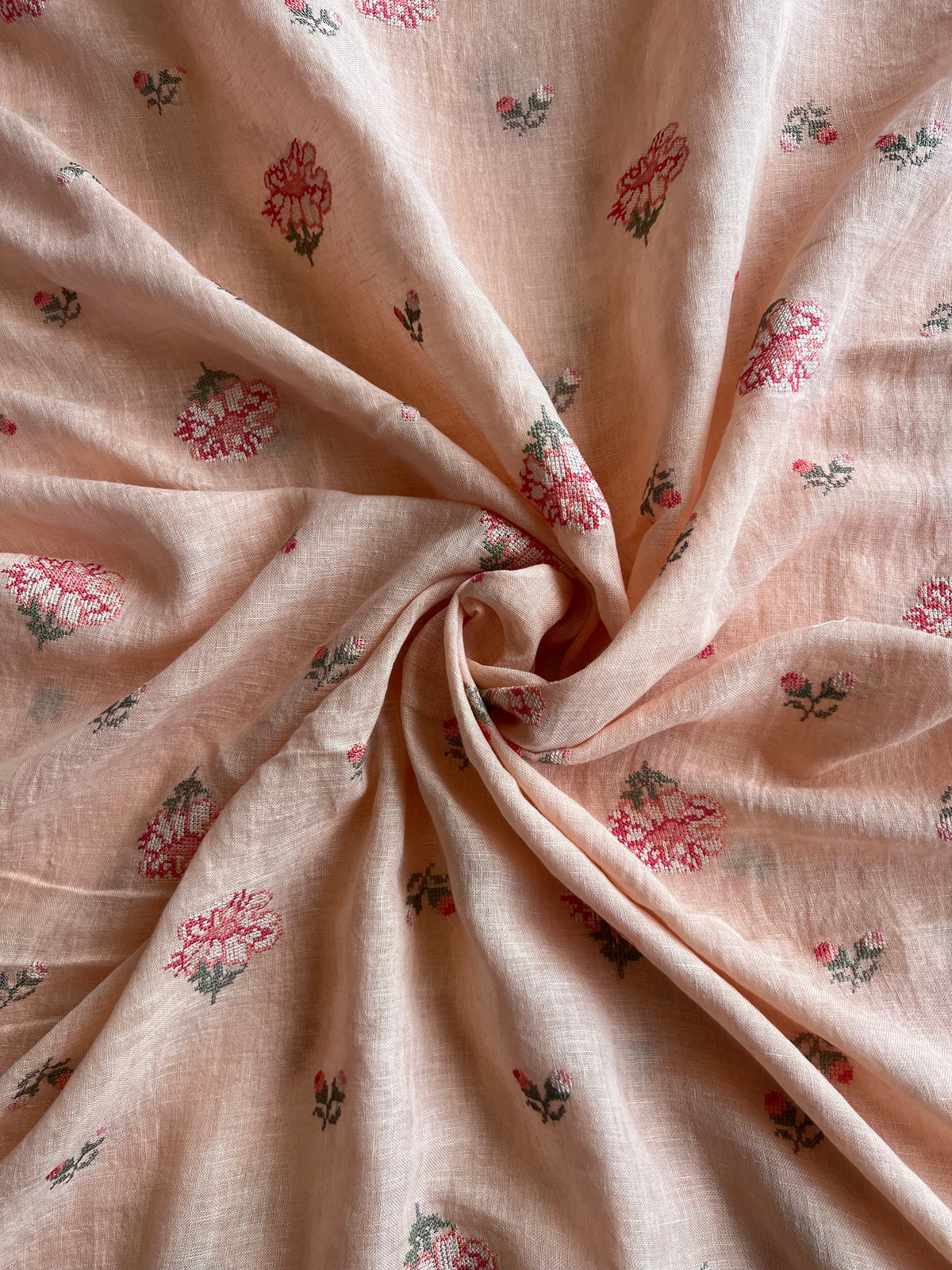 Peach Cross Stitch Embroidered Pure Linen Fabric