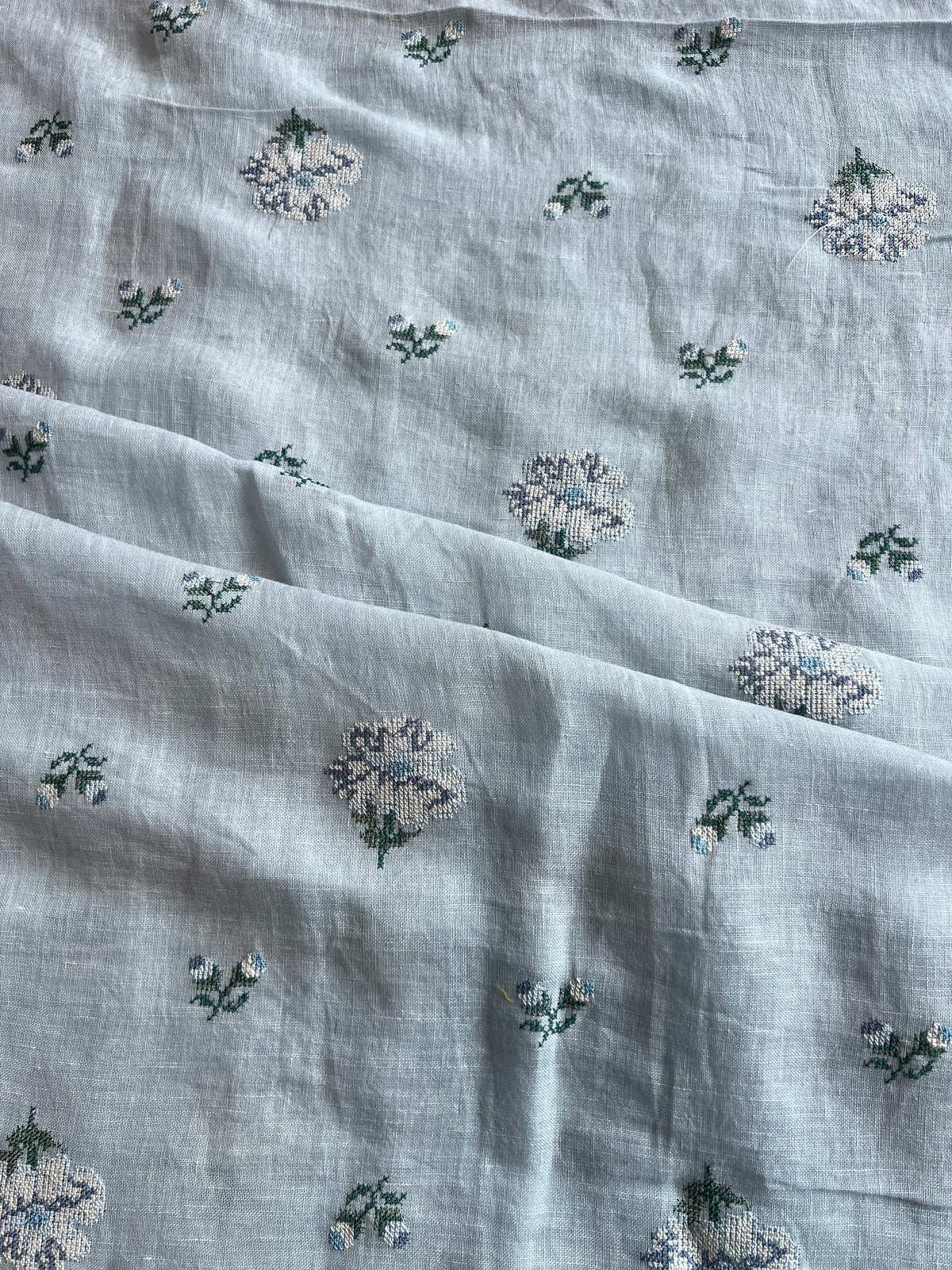Blue Cross Stitch Embroidered Pure Linen Fabric
