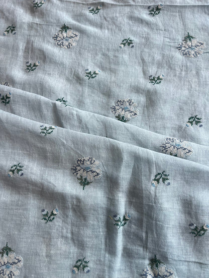 Blue Cross Stitch Embroidered Pure Linen Fabric