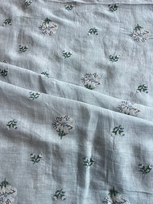 Blue Cross Stitch Embroidered Pure Linen Fabric