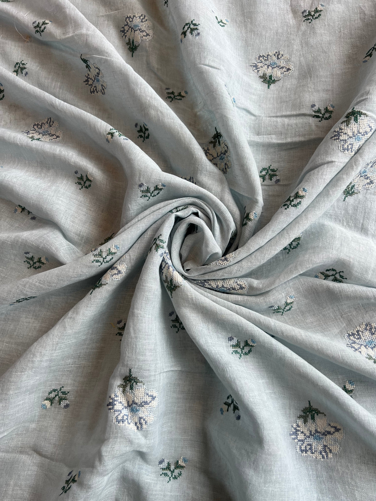 Blue Cross Stitch Embroidered Pure Linen Fabric