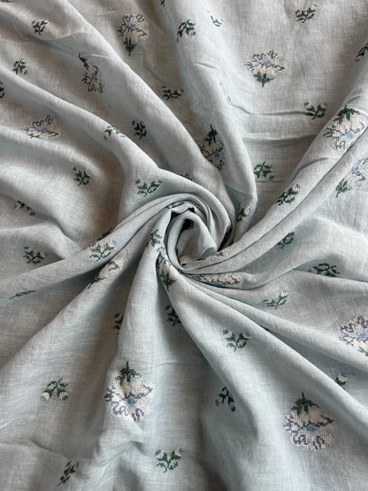 Blue Cross Stitch Embroidered Pure Linen Fabric