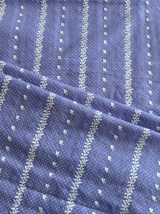 Lavander Polka Dots Stripes and Buti Embroidered Cotton Voile Fabric