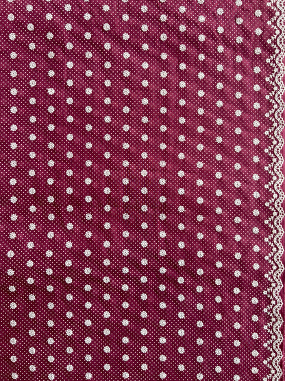 Wine Polka Dots Buti Embroidered Cotton Voile Fabric