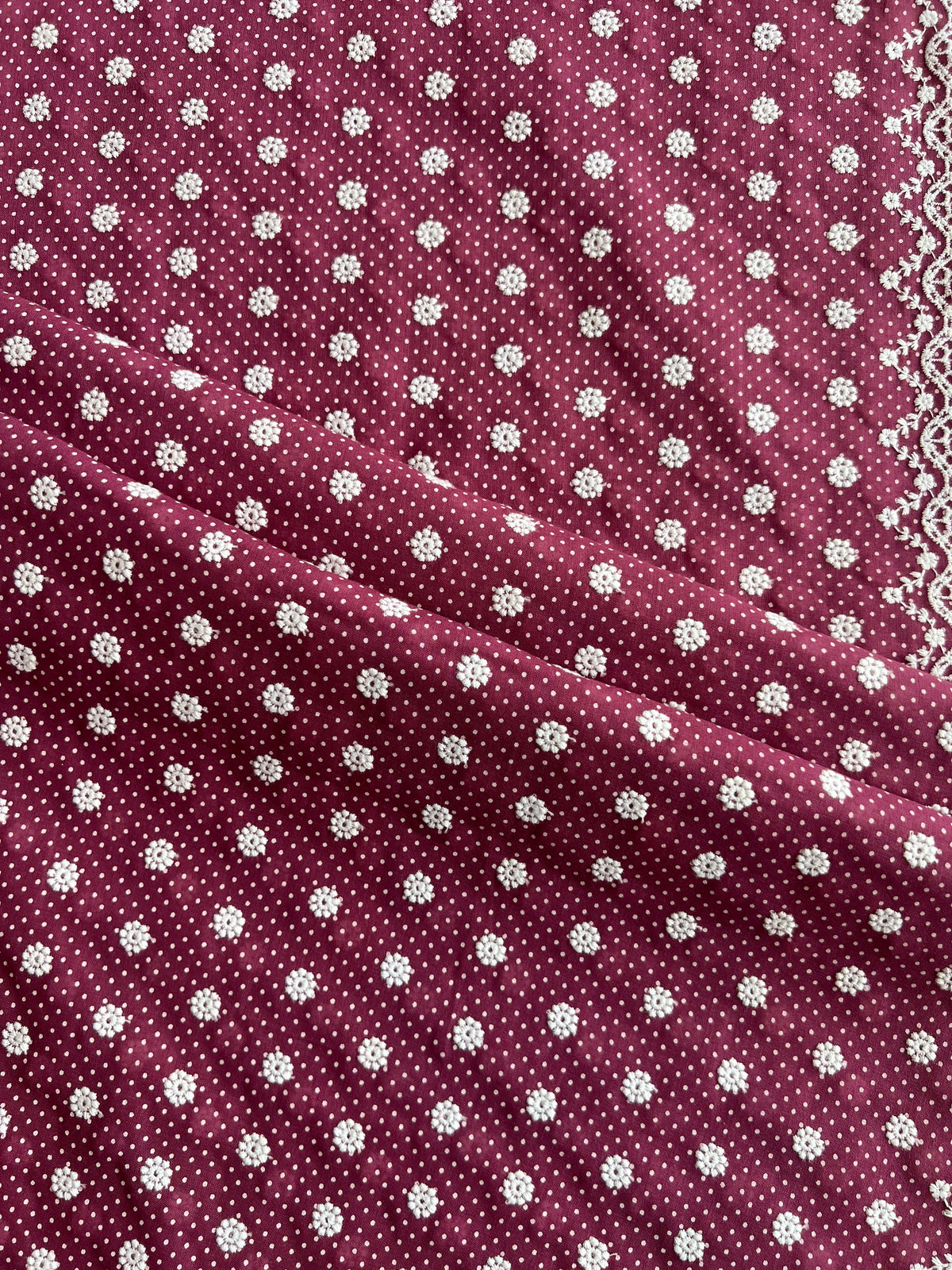 Wine Polka Dots Buti Embroidered Cotton Voile Fabric