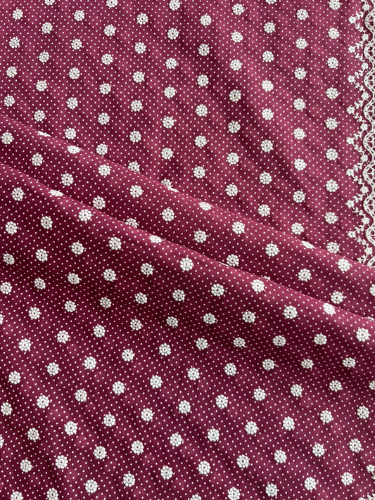 Wine Polka Dots Buti Embroidered Cotton Voile Fabric