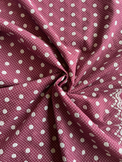 Wine Polka Dots Buti Embroidered Cotton Voile Fabric