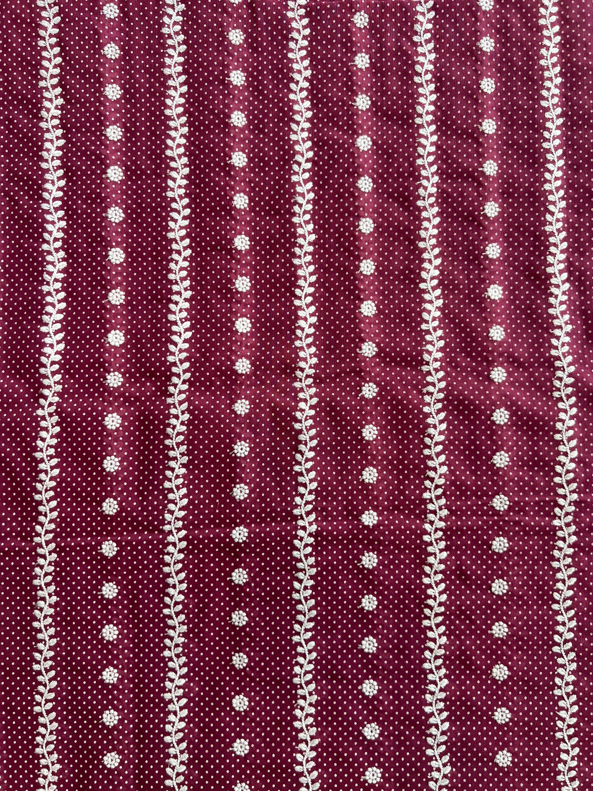 Wine Polka Dots Stripes and Buti Embroidered Cotton Voile Fabric