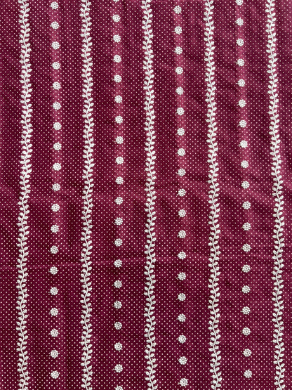 Wine Polka Dots Stripes and Buti Embroidered Cotton Voile Fabric