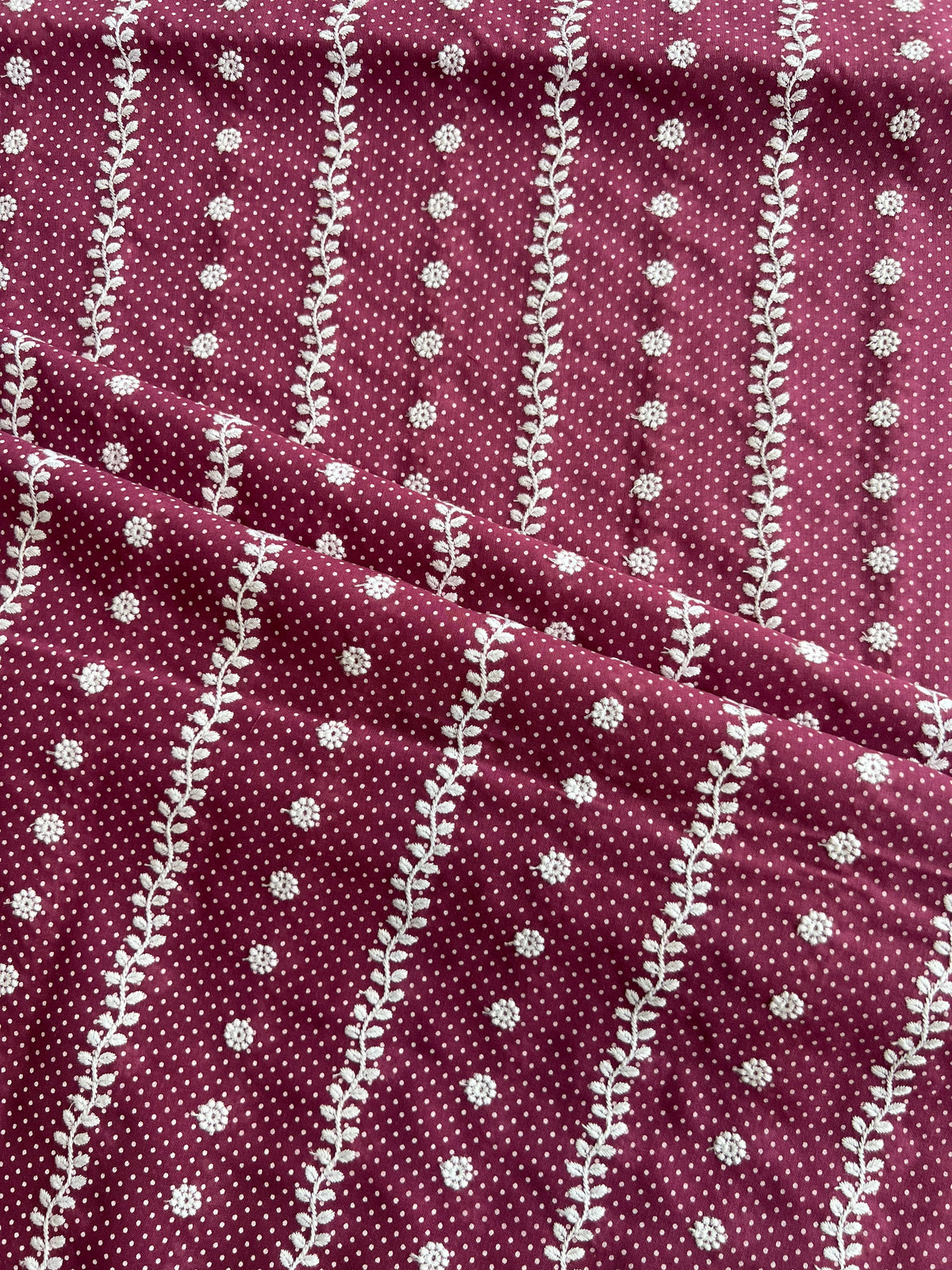 Wine Polka Dots Stripes and Buti Embroidered Cotton Voile Fabric