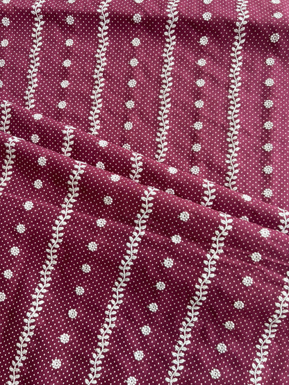 Wine Polka Dots Stripes and Buti Embroidered Cotton Voile Fabric