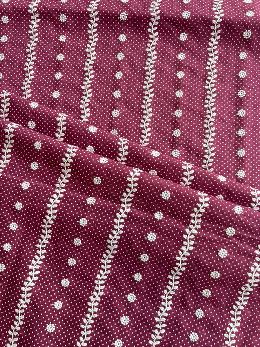 Wine Polka Dots Stripes and Buti Embroidered Cotton Voile Fabric