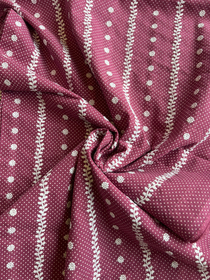Wine Polka Dots Stripes and Buti Embroidered Cotton Voile Fabric